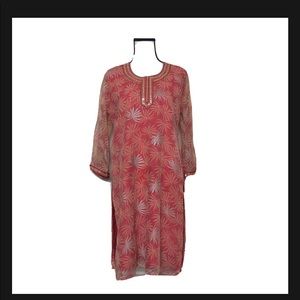 Saheli Orange Floral Beaded Trim Tunic Top Sz S